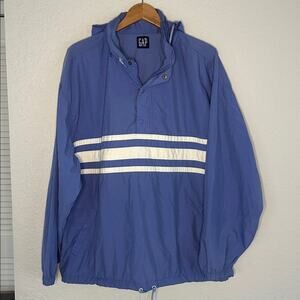 Vintage GAP Men's Windbreaker Hooded Blue White Stripe Anorak Sporty Preppy XL